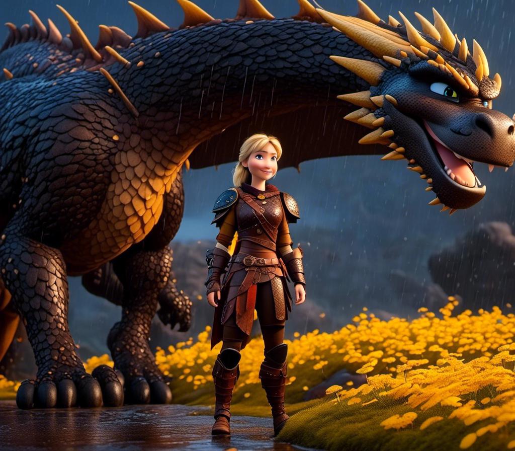 Prompt: <mymodel>CGi Animation, 20-year-old viking woman with blue eyes, a rainy scene, she is standing next to a bright blue dragon with gold highlights, they are both in the rain, the viking woman has a subtle smile, blonde hair in a ponytail style, she has blue gear, gold armor, black pants, black boots, unreal engine 8k octane, 3d lighting, full body, full armor