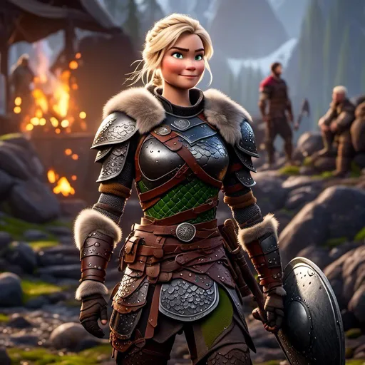 Prompt: digital art if <mymodel>, 27-year-old modest Young woman viking, she has two iron frying pans to use as weapons, blonde hair, grey pants, Quite well-built and lean muscled, green eyes, assassin's creed Valhalla armor, white armor, white gear, Green-gold eyes, very short curly blonde hair, full body, full armor, unreal engine 8k octane, 3d lighting