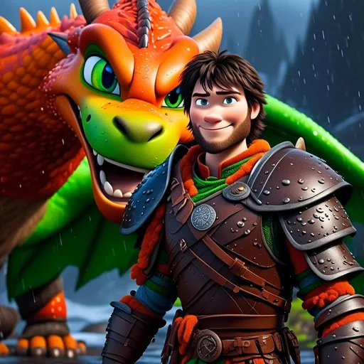 Prompt: <mymodel>CGi Animation, 20-year-old viking man with blue eyes, a rainy scene, the viking man has a subtle smile, black hair, he has red gear, orange armor, black pants, black boots, he is standing next to a bright green dragon with orange highlights, they are both in the rain, 