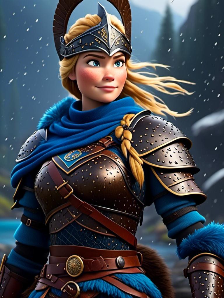 Prompt: <mymodel>CGi Animation, 20-year-old viking woman with blue eyes, ((she is wearing a royal helmet)), a rainy scene, the viking woman has a subtle smile with it pouring down rain, blonde hair in a ponytail style, she has blue gear, gold armor, black pants, black boots