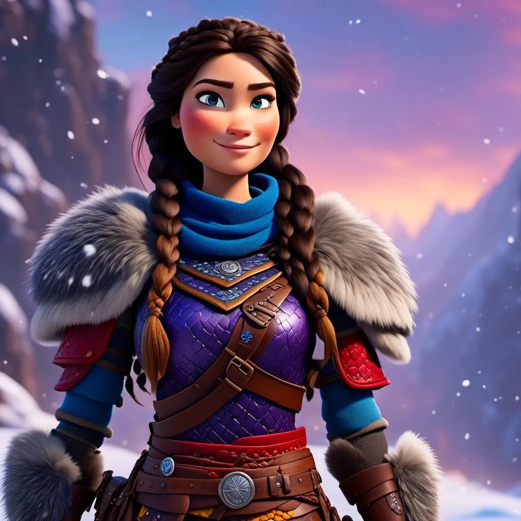 Prompt: <mymodel>CGi Animation, 20-year-old viking woman warrior with blue eyes, a snowy scene, the viking woman has a subtle smile, black hair, she has red gear, yellow armor with bursts of purple splotches, black pants, black boots