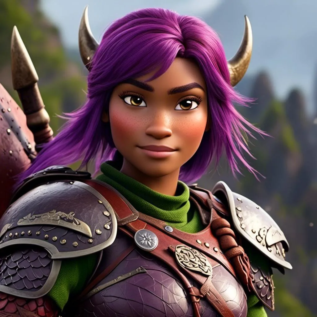 Prompt: <mymodel>Animated CGI style of a fierce {{{Caucasian white}}} Viking female about 25 years old, purple hair, detailed facial features, leather armor ((red)) and green armor, battle axe and shield, intense and determined expression, dynamic and powerful pose, high definition, CGI, detailed armor, fierce female, Nordic designs, battle-ready, dynamic pose, professional lighting