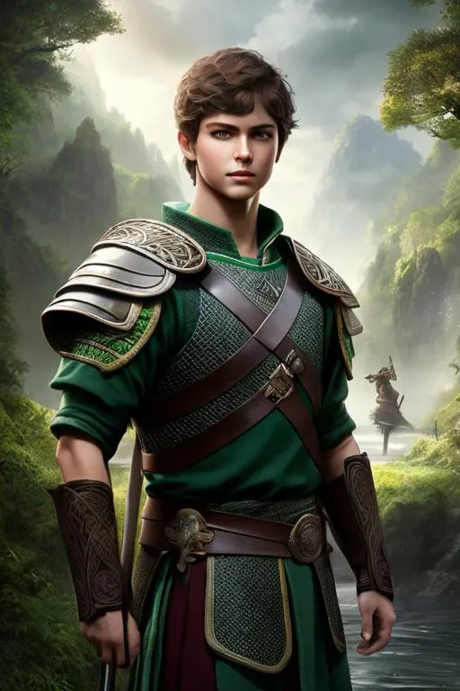 Prompt: he has short brown hair, slight smile, create most handsome fictional male prince viking warrior, short brown hair, light green eyes, extremely detailed environment, detailed background, intricate, detailed skin, professionally color graded, photorealism, 16k, moody lighting