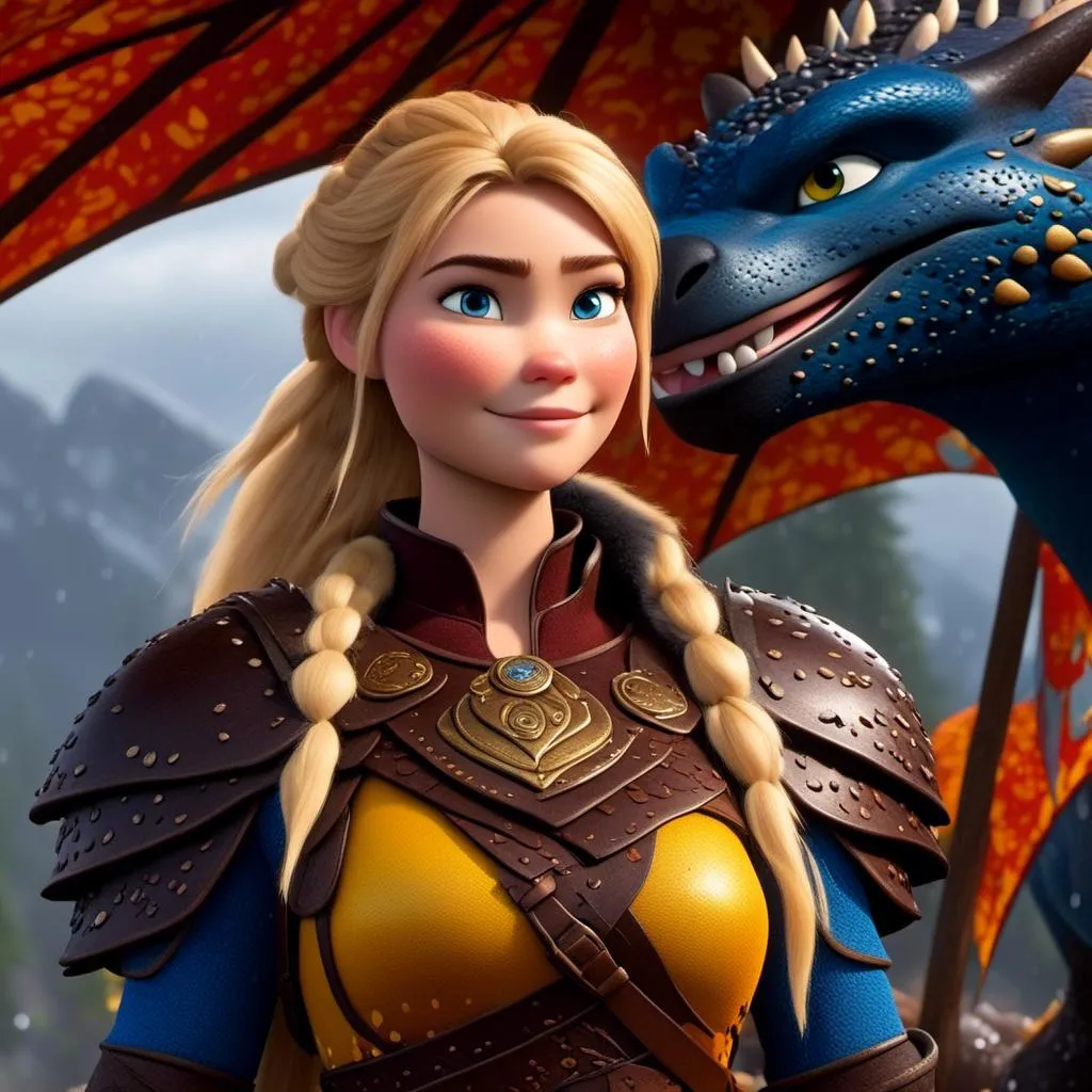 Prompt: <mymodel>CGi Animation, 20-year-old viking woman with blue eyes, a rainy scene, she is standing next to a bright blue dragon with gold highlights, they are both in the rain, the viking woman has a subtle smile, blonde hair in a ponytail style, she has blue gear, gold armor, black pants, black boots, unreal engine 8k octane, 3d lighting, full body, full armor