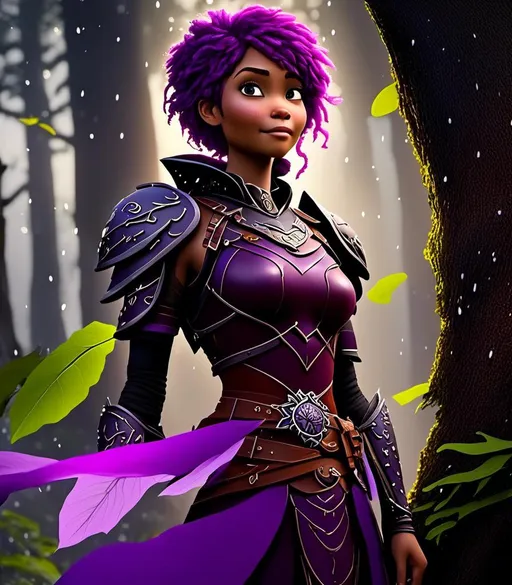 Prompt: <mymodel>CGI Animation, digital art, 20-year-old-old viking woman with light blue eyes, it is raining, she is of royalty standing at night next to a tree with her hands resting on the bark, she is in a dimly lit thick forest with trees everywhere, dense fog, {{black gear, purple armor}}, purple hair, single braid down her shoulder with a tiara, subtle smile, unreal engine 8k octane, 3d lighting, close up camera shot on the face, full armor