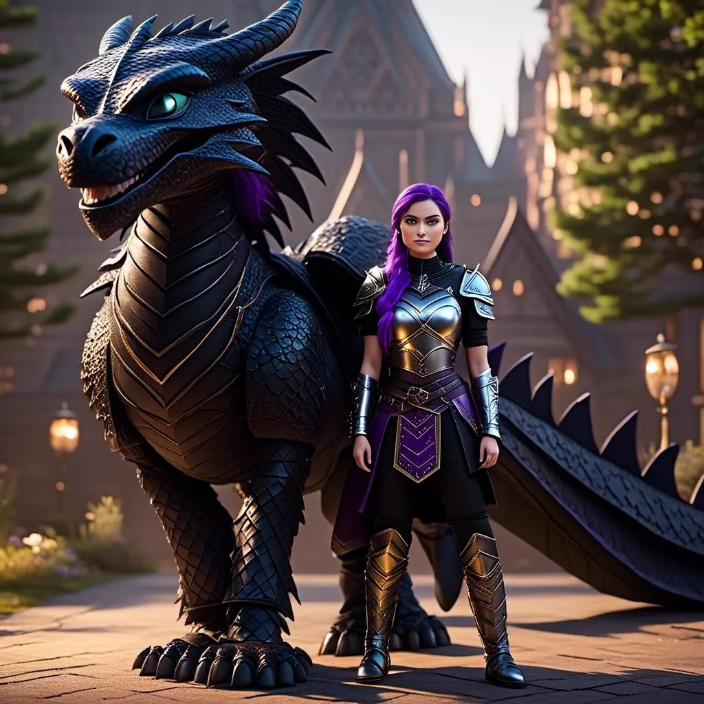 Prompt: Photo of <mymodel> standing next to her ((black)) razorwhip dragon from "How to Train Your Dragon"