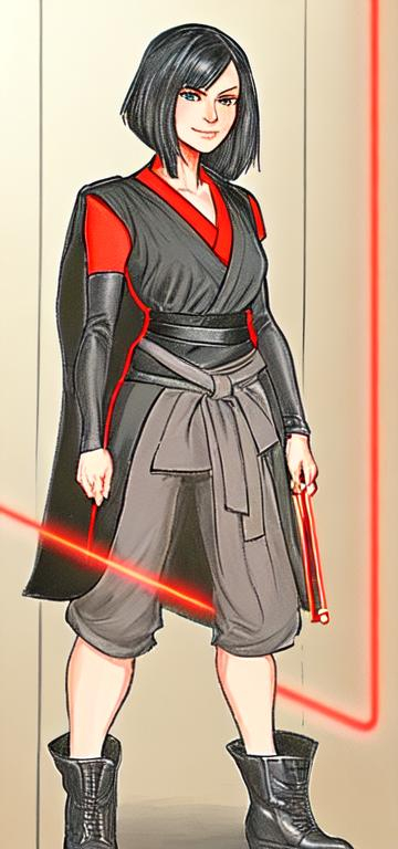 Prompt: Digital Art, A young woman Sith lord, with black short-length hair, black pants, a subtle smile, a black short sleeve shirt, a black vest past the waist, a black belt, black boots, two lightsabers one red and one light pink