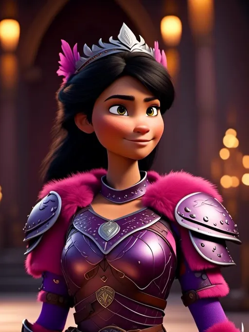 Prompt: <mymodel>CGI Animation, digital art, 20-year-old-old viking woman of royalty standing in The Great Hall on the Isle of Berk, {{purple gear, pink armor}}, black hair, straight hair with a tiara, subtle smile, unreal engine 8k octane, 3d lighting, close up camera shot on the face, full armor