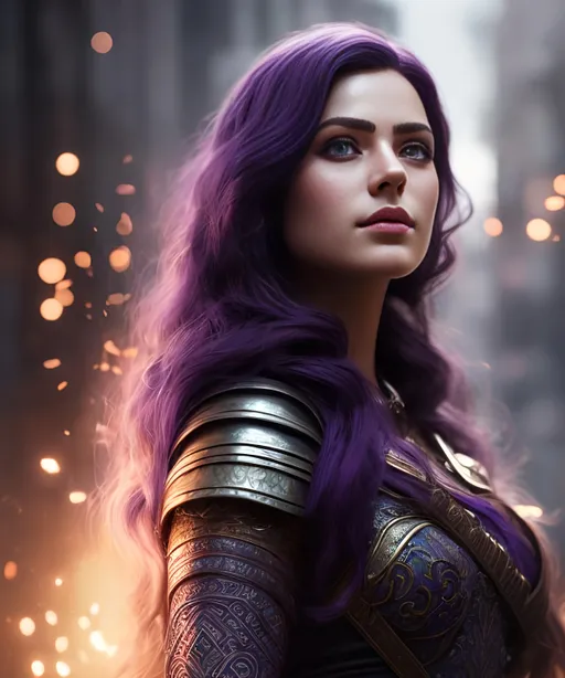 Prompt: she has dark purple hair, create most beautiful fictional female viking princess warrior, dark purple hair, light blue eyes, extremely detailed environment, detailed background, intricate, detailed skin, professionally color graded, photorealism, 8k, moody lighting