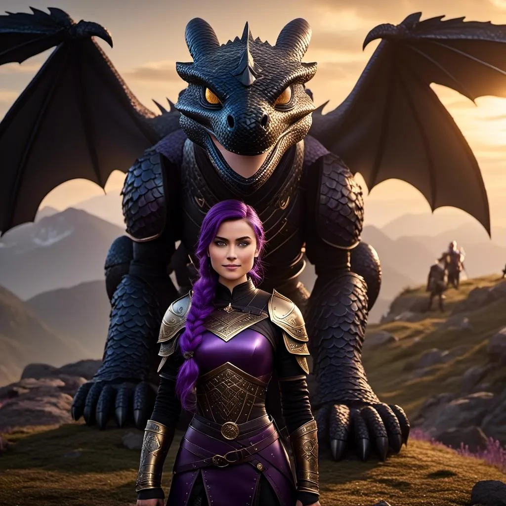 Prompt: Photo of <mymodel> standing next to her ((black)) razorwhip dragon from "How to Train Your Dragon"