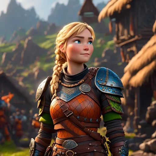 Prompt: <mymodel>CGI Animation of female viking, blonde hair with a single braid laying down her back, blue eyes, bright orange and green armor, yellow highlights dor gear and textures, full light body armor, standing in a viking village, intricate details, high quality, digital painting, cool tones, dramatic lighting