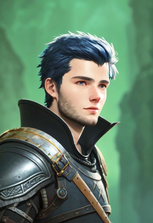 Prompt: Digital art, 22-year-old viking man, black hair. yellow armor, blue gear, medium-length black hair, subtle smile, black stubble beard, hazel eyes, adventurer, blue sky background, unreal engine 8k octane, 3d lighting