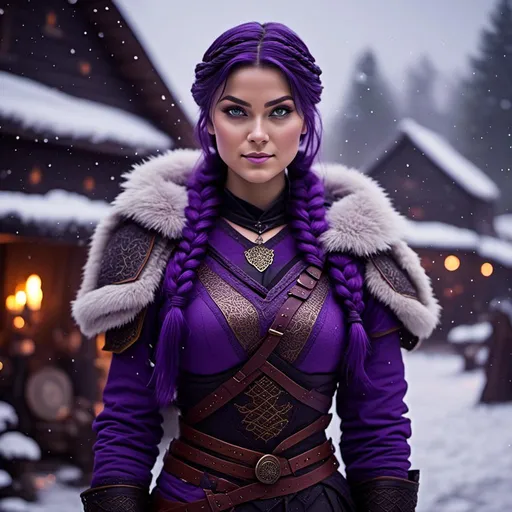 Prompt: Photo of <mymodel> she has a single braid down her shoulder with a heavy purple fur coat wearing a hood with a purple fur edge, she is in a viking village standing as snow falls