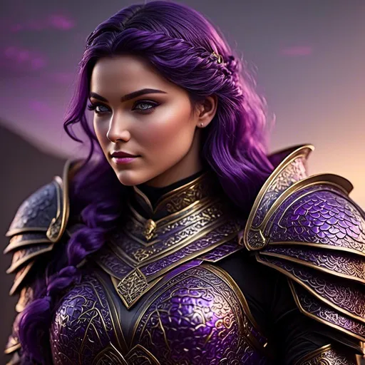 Prompt: Photo of <mymodel> in her suit of dragon-scale armor, single strand of braided hair draped over her right shoulder, rest of her hair is down her back