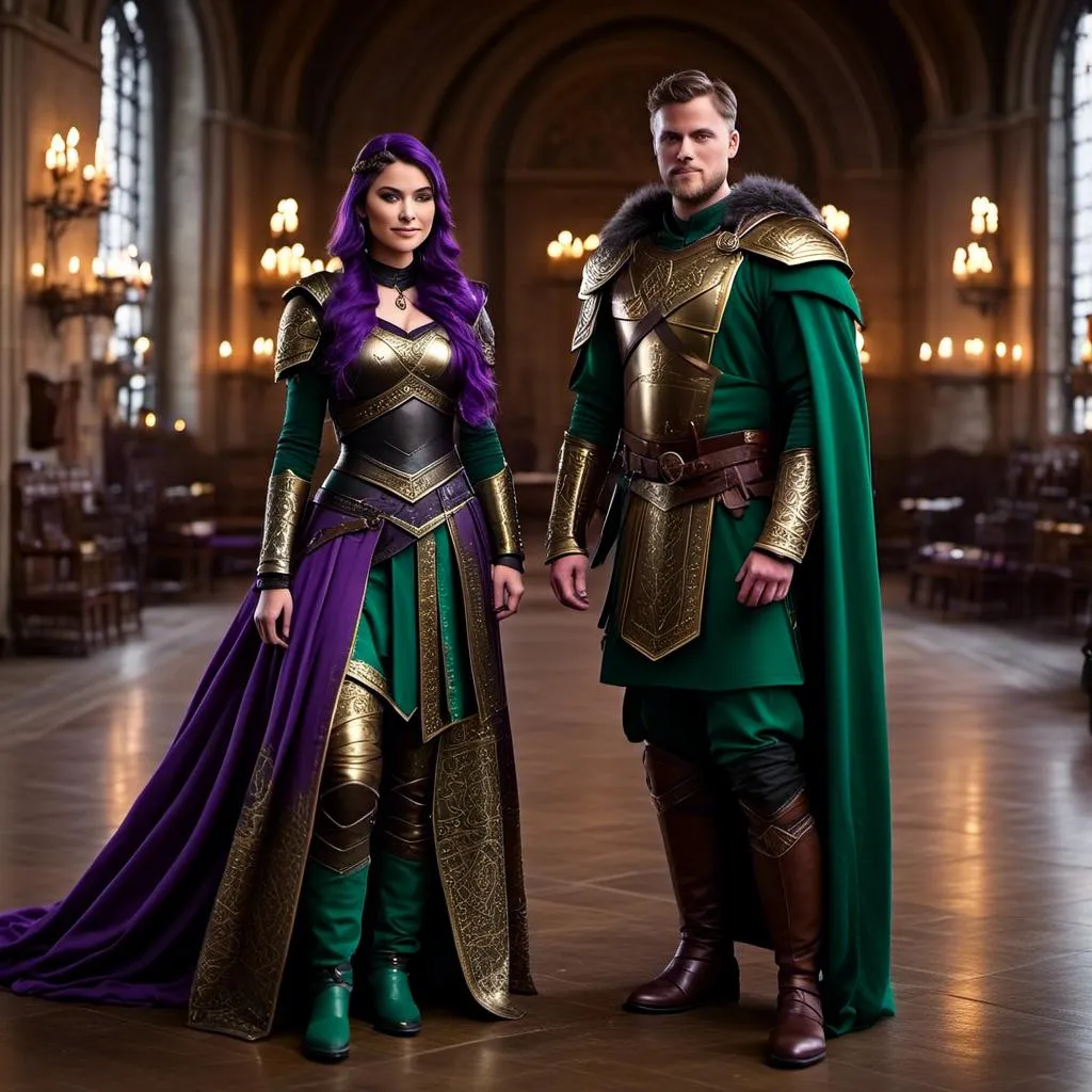 Prompt: Photo of <mymodel> standing in The Great Hall with her husband Jarl Everson who is 24-years old who has brown (((short))) wavy hair and green gear