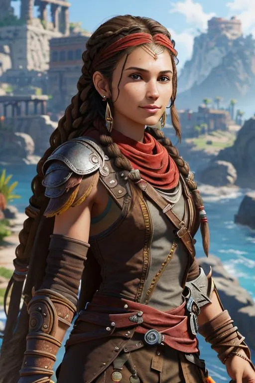 Prompt: Digital Art, 20-year-old pirate woman, red bandana around hair above forehead, muscular build, brown gear, brown pants, assassin's creed Odyssey armor, jeweled hair band, brunette hair, dreadlocks, subtle smile, beads hair, small red earrings, multiple braids, straight hair, blue eyes, bracelets, rings on fingers, mercenary gear, unreal engine 8k octane, 3d lighting, full body, full armor