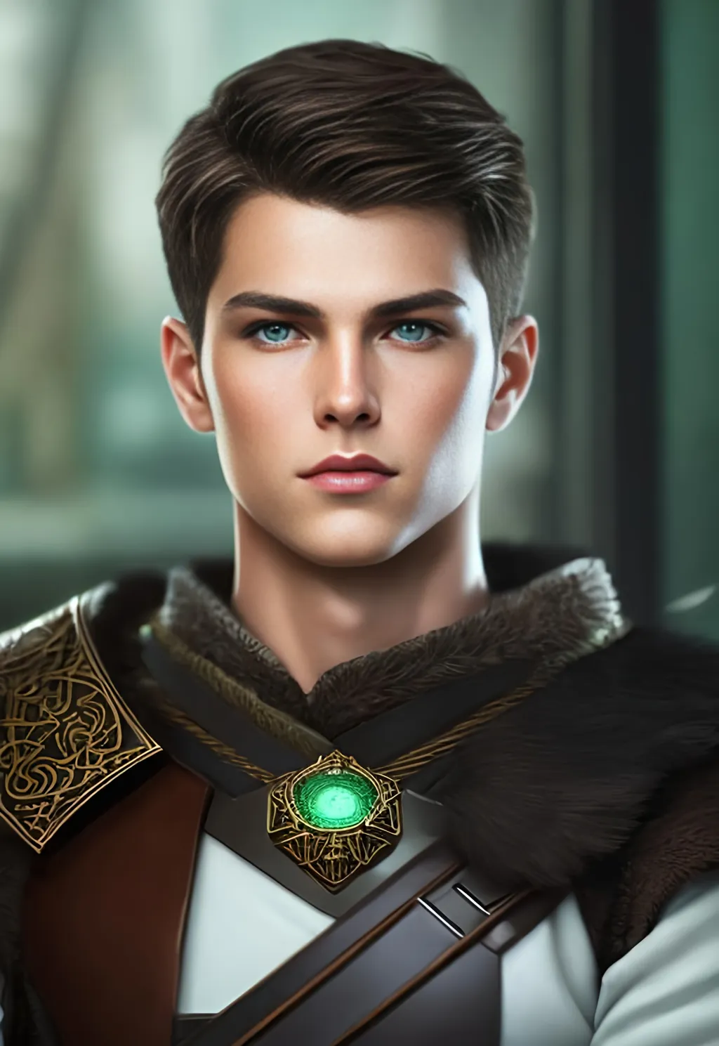 Prompt: he has short brown hair, create most handsome fit fictional male prince viking warrior, short brown hair, light green eyes, extremely detailed environment, detailed background, intricate, detailed skin, professionally color graded, photorealism, 16k, moody lighting