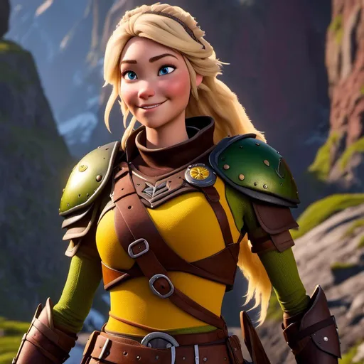 Prompt: <mymodel>CGi Animation, 20-year-old viking woman with two hair braid, subtle smile, blonde hair, blue eyes, green gear, green armor, yellow clothes, yellow textures and highlights, unreal engine 8k octane, 3d lighting, full body, full armor