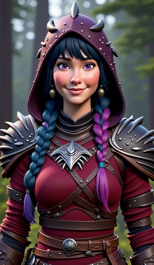 Prompt: <mymodel>CGI Animation, digital art, 20-year-old-old viking woman with violet eyes, Dark red Long sleeve shirt, skirt with dragon teeth on it, wears the snow wraith hood, ((dark dark blue hair with teal, pink and purple streaks)), standing win a forest, subtle smile, unreal engine 8k octane, 3d lighting, close up camera shot on the face, full armor