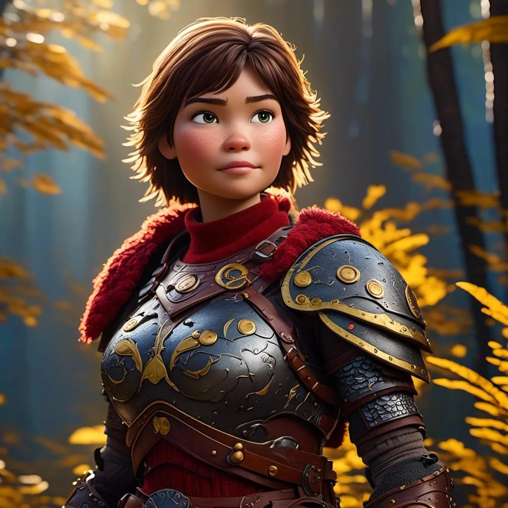 Prompt: <mymodel>CGI Animation of a viking female, brown hair in her face, hazel eyes, bright red gear and light armor, yellow highlights and textures, full light body armor, she has heavy gauntlets on her hands with armored gloves, standing in a dense forest, intricate details, high quality, digital painting, cool tones, dramatic lighting