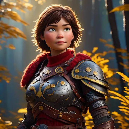 Prompt: <mymodel>CGI Animation of a viking female, brown hair in her face, hazel eyes, bright red gear and light armor, yellow highlights and textures, full light body armor, she has heavy gauntlets on her hands with armored gloves, standing in a dense forest, intricate details, high quality, digital painting, cool tones, dramatic lighting