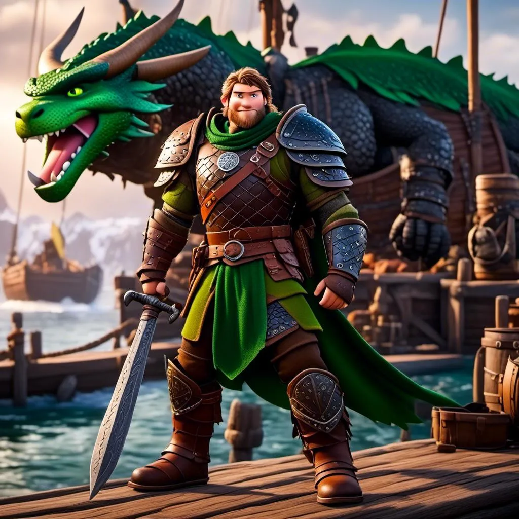 Prompt: <mymodel>Male viking warrior, thin and light muscle build, standing on the viking docks, there is a green dragon next to him, short brown hair, green eyes, green armor, brown gear, brown pants, brown boots, historical, strong and natural lighting