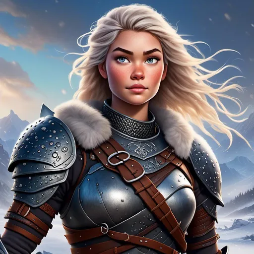 Prompt: <mymodel>digital art style of a fierce viking female warrior, detailed braided hair and battle scars, rugged and weathered armor, intense and determined gaze, snowy and rugged landscape, , fierce, warrior, detailed hair, battle scars, snowy landscape, intense gaze, weathered armor, dramatic lighting