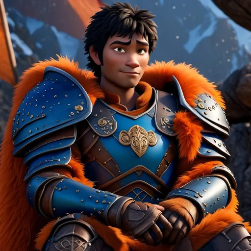 Prompt: <mymodel>Animated CGI style of a kind Viking male scholar with black hair, thoughtful gaze, realistic blue armor with bursts of orange textures, high quality, fur textures, highres, professional, intense lighting