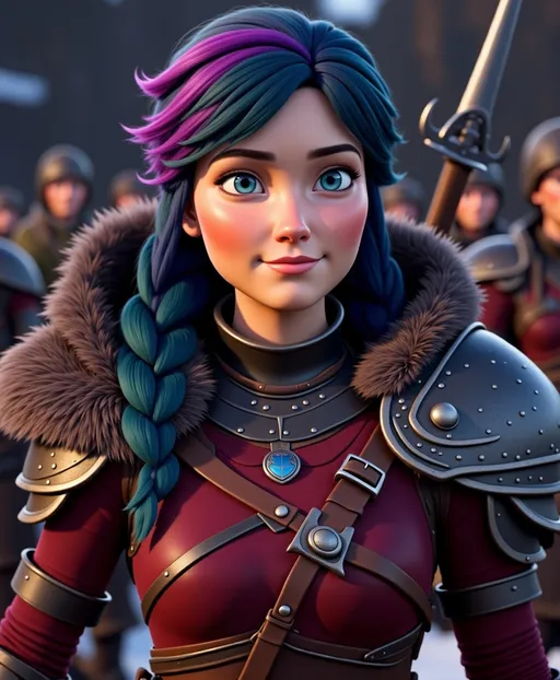 Prompt: <mymodel>CGI Animation, digital art, 20-year-old-old viking woman with violet eyes, Dark red Long sleeve shirt, skirt with dragon teeth on it, wears the snow wraith hood, ((dark dark blue hair with teal, pink and purple streaks)), locked in a sword battle with Annabeth who has purple hair in the training ring, subtle smile, unreal engine 8k octane, 3d lighting, close up camera shot on the face, full armor