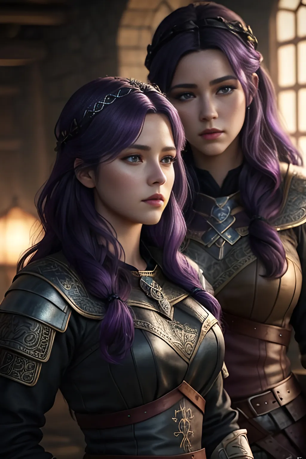 Prompt: create two of the most beautiful fictional female viking princesses one with dark purple hair and the other with black hair, extremely detailed environment, detailed background, intricate, detailed skin, professionally color graded, photorealism, 8k, moody lighting