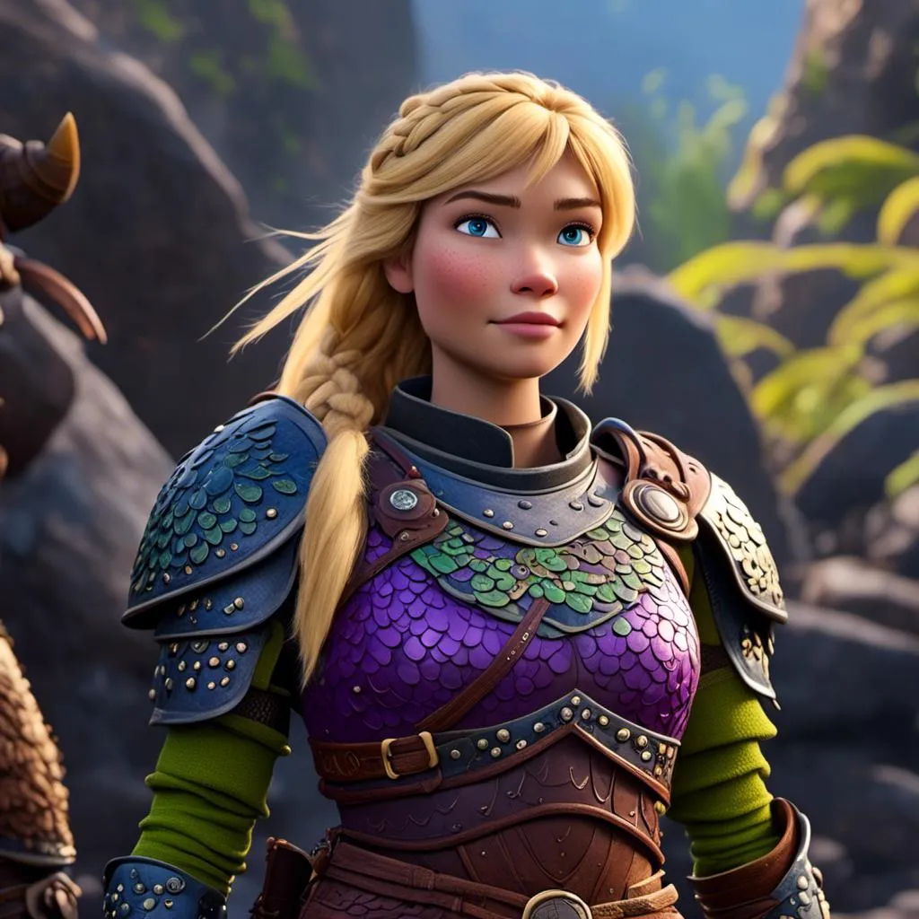 Prompt: <mymodel>CGI Animation of female viking, blonde straight hair a hairband, blue eyes, bright purple and green armor, yellow highlights dor gear and textures, full light body armor, standing in a viking village, intricate details, high quality, digital painting, cool tones, dramatic lighting