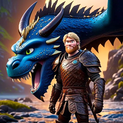 Prompt: <mymodel>CGi Animation, 20-year-old viking man with blue eyes, a rainy scene, he is standing next to a bright blue dragon with gold highlights, they are both in the rain, the viking man has a subtle smile, blonde hair, he has blue gear, gold armor, black pants, black boots