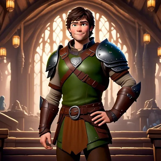 Prompt: <mymodel> viking man, lawyer, thin, small stature, standing in The Great Hall, medium length brown hair, brown eyes, no armor, European-like brown gear, brown leather vest, long sleeve green shirt underneath the brown leather vest, black highlights on his clothes, brown pants, brown boots, historical, strong and natural lighting