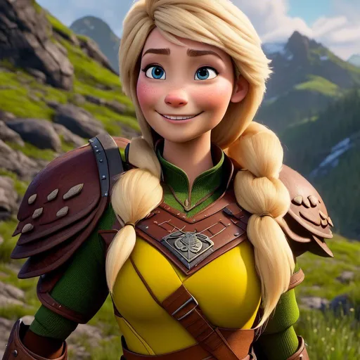 Prompt: <mymodel>CGi Animation, 20-year-old viking woman with one hair braid, subtle smile, blonde hair, blue eyes, green gear, green armor, yellow clothes, yellow textures and highlights, unreal engine 8k octane, 3d lighting, full body, full armor