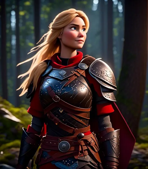 Prompt: <mymodel>CGI Animation, digital art, 20-year-old-old viking woman with light blue eyes standing in a dimly lit forest, blue assassin's creed clothes, red colored armor, blonde straight hair, subtle smile, unreal engine 8k octane, 3d lighting, cinematic lighting, camera shot of full armor from head to toe