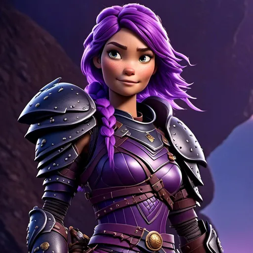 Prompt: <mymodel>CGI Animation of a viking female, purple hair in a single braid, purple and black gear and armor, intricate details, high quality, digital painting, cool tones, dramatic lighting