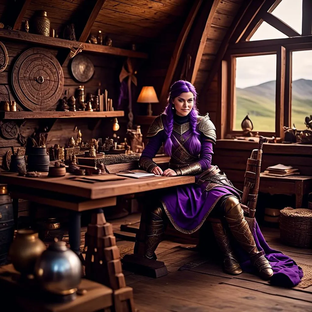 Prompt: Photo of <mymodel> with no armor casually relaxing sitting at a desk in her viking house