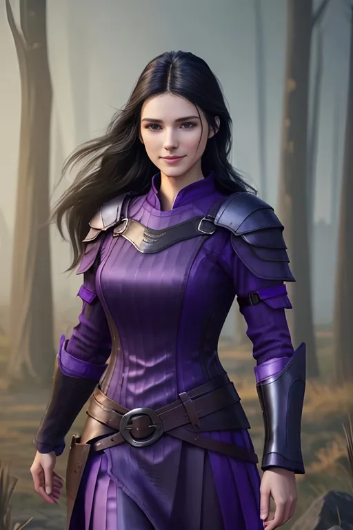 Prompt: Digital Art, 25-year-old viking woman, purple gear, purple clothes, subtle smile, black straight hair, dark purple eyes, a dark purple long-sleeve shirt, textured skirt down to knees, dark purple pants, dark purple armor, long black hair with volume, middle part in hair, leather boots, dark purple gear, unreal engine 64k octane, hdr, 3d lighting, full body, full armor