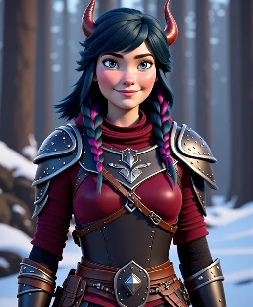 Prompt: <mymodel>CGI Animation, digital art, 20-year-old-old viking woman with violet eyes, Dark red Long sleeve shirt, skirt with dragon teeth on it, wears the snow wraith hood, ((dark dark blue hair with teal, pink and purple streaks)), standing snowy forest, subtle smile, unreal engine 8k octane, 3d lighting, close up camera shot on the face, full armor