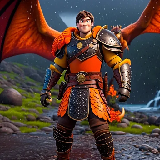 Prompt: <mymodel>CGi Animation, 20-year-old viking man with blue eyes, a rainy scene, the viking man has a subtle smile, black hair, he has orange gear, yellow armor with bursts of red splotches, black pants, black boots, he is standing next to a bright orange dragon with gold highlights, they are both in the rain