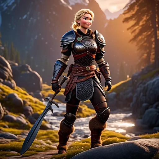 Prompt: digital art if <mymodel>, 27-year-old modest Young woman viking, blonde hair, black pants, Quite well-built and lean muscled, has two iron pans as weapons, assassin's creed Valhalla armor, orange armor, orange gear, Green-gold eyes, very short curly blonde hair, full body, full armor, unreal engine 8k octane, 3d lighting