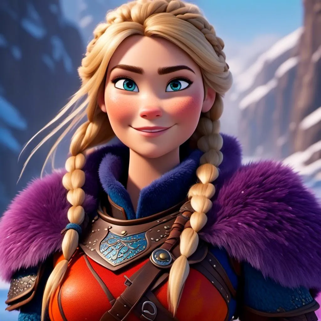 Prompt: <mymodel>CGi Animation, 25-year-old viking woman warrior with blue eyes, a snowy scene, the viking woman has a subtle smile, blonde hair, straight hair, she has red gear, orange armor with bursts of purple textured splotches, black pants, black boots