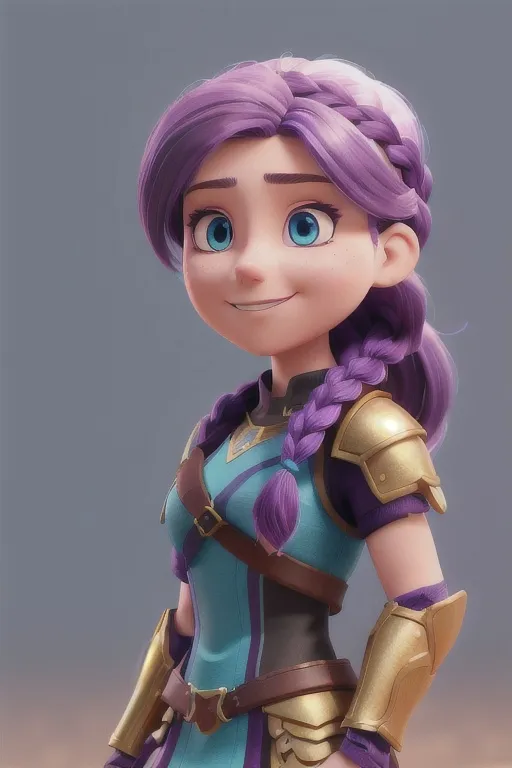 Prompt: Digital art, bright colors, subtle smile, 20-year-old woman viking, dark purple hair, one braid, light blue eyes, cut over left eye to on cheekbone, black gear, gold armor, unreal engine 8k octane, 3d lighting, full body, full armor