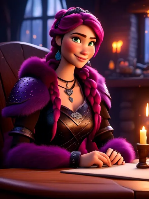 Prompt: <mymodel>CGI Animation, digital art, 20-year-old-old viking woman of royalty sitting at a desk in her home in the living room next to the fireplace, light blue eyes, {{black gear, purple armor}}, purple hair, single braid down her shoulder with a tiara, subtle smile, unreal engine 8k octane, 3d lighting, close up camera shot on the face, full armor