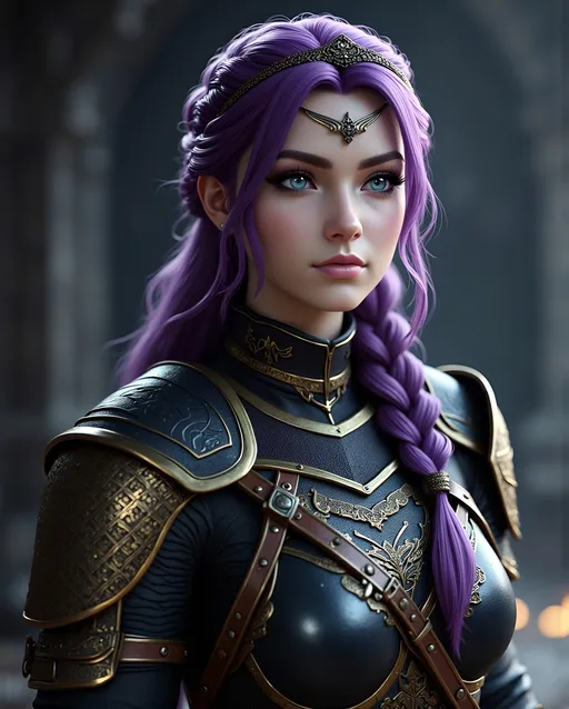 Prompt: <mymodel>CGI Animation, digital art, 20-year-old-old viking woman with light blue eyes, she is overjoyed, she has black gear and gold armor, purple hair with purple strands, standing in a dimly lit cave, single braid down her shoulder with a tiara, unreal engine 16k octane, 3d lighting, full armor