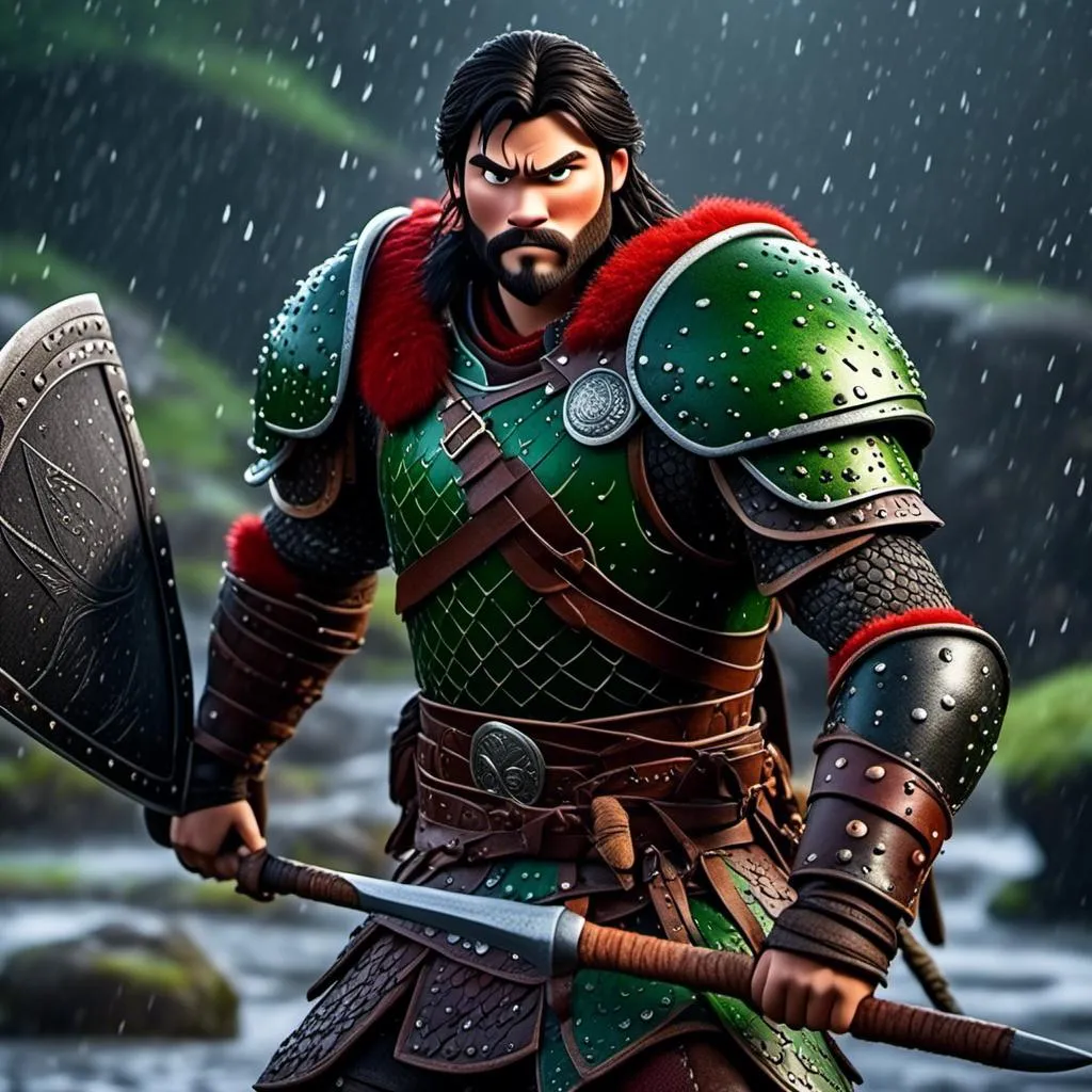 Prompt: <mymodel>Animated CGI style of a fierce Viking male about 25 years old, black hair, detailed facial features, leather armor {{((red))}} and green armor, battle axe and shield, standing in the rain, intense and determined expression, dynamic and powerful pose, high definition, CGI, detailed armor, fierce female, Nordic designs, battle-ready, dynamic pose, professional lighting