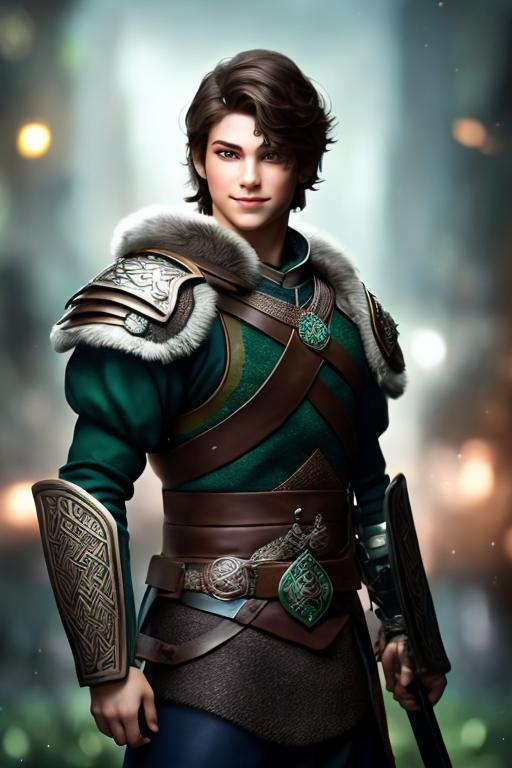 Prompt: he has short brown hair, with a smile, create most handsome fictional male prince viking warrior, short brown hair, light green eyes, extremely detailed environment, detailed background, intricate, detailed skin, professionally color graded, photorealism, 16k, moody lighting