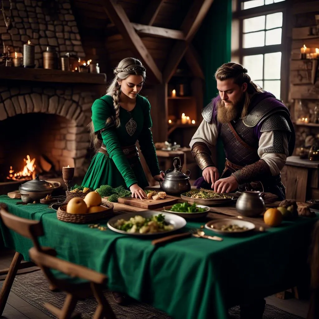 Prompt: Photo of a young <mymodel> setting the supper table with her husband a young Jarl Mollerson with green clothes in their viking house