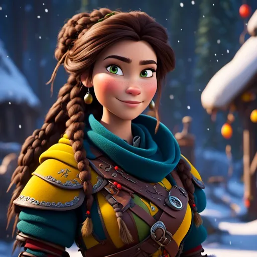 Prompt: <mymodel>CGI Animation, 20-year-old-old pirate woman, a snowy scene, {{yellow gear, blue armor}}, brunette hair, dreadlocks, subtle smile, beads hair, small red earrings, multiple braids, yellow gear, straight hair, green eyes, bracelets, rings on fingers, mercenary gear, unreal engine 8k octane, 3d lighting, close up camera shot on the face, full armor