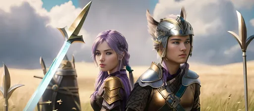 Prompt: create a female and male viking warriors, the female has purple hair and is holding and axe, her gear is black and silver.

The male has short brown hair with a gold helmet and holds a sword, his gear is shades of green with brown leather

They are in a grassy field